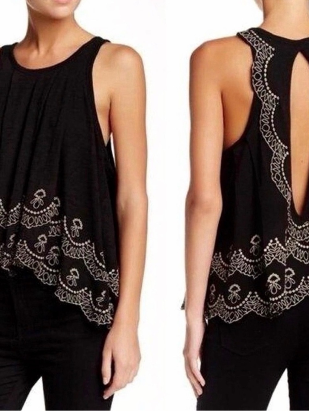 Black Embroidered Adorable Racerback Tank Top Open Back Loose Women Free People